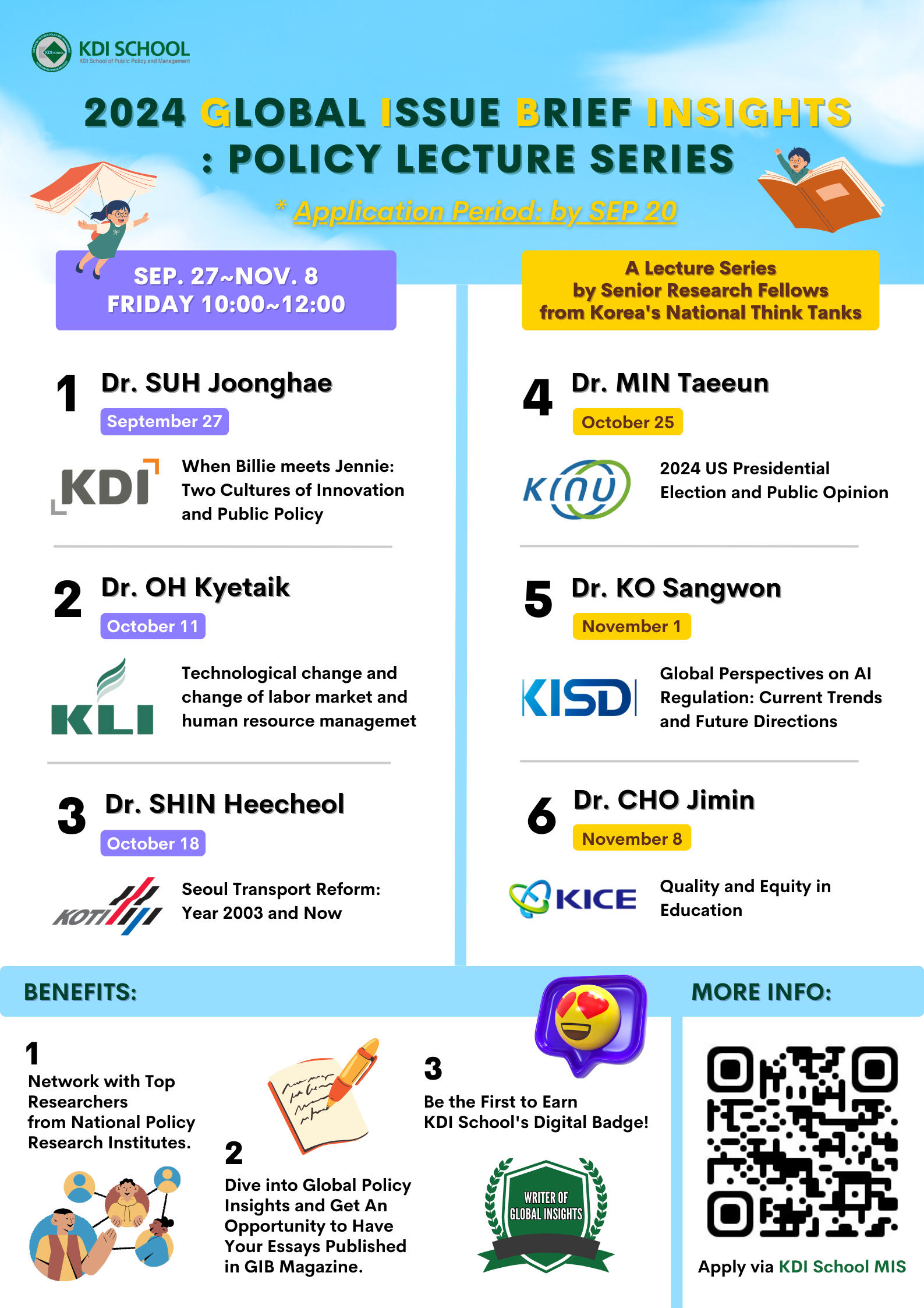 KDI SCHOOL  2024 GLOBAL ISSUE BRIEF INSIGHTS : POLICY LECTURE SERIES Application Period: by SEP 20  SEP. 27 ~ NOV. 8 FRIDAY 10:00 ~ 12:00  A Lecture Series by Senior Research Fellows from Korea's National Think Tanks  1 Dr. SUH Joonghae September 27 KDI When Billie meets Jennie: Two Cultures of Innovation and Public Policy  2 Dr. OH Kyetaik October 11 KLI Technological change and change of labor market and human resource management  3 Dr. SHIN Heecheol October 18 KOTI Seoul Transport Reform: Year 2003 and Now  4 Dr. MIN Taeeun October 25 KINU 2024 US Presidential Election and Public Opinion  5 Dr. KO Sangwon November 1 KISDI Global Perspectives on AI Regulation: Current Trends and Future Directions  6 Dr. CHO Jimin November 8 KICE Quality and Equity in Education  BENEFITS:  1 Network with Top Researchers from National Policy Research Institutes.  2 Dive into Global Policy Insights and Get An Opportunity to Have Your Essays Published in GIB Magazine.  3 Be the First to Earn KDI School's Digital Badge! (뱃지 이미지: WRITER OF GLOBAL INSIGHTS)  MORE INFO: (QR코드 https://m.site.naver.com/1sQx5) Apply via KDI School MIS