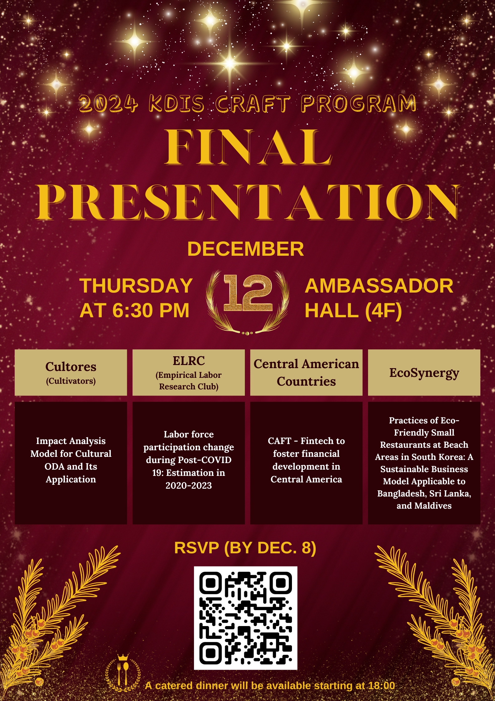 2024 KDIS CRAFT PROGRAM FINAL PRESENTATION DECEMBER THURSDAY AT 6:30 PM 12 AMBASSADOR HALL (4F) Cultores (Cultivators) Impact Analysis Model for Cultural ODA and Its Application ELRC (Empirical Labor Research Club) Labor force participation change during Post-COVID 19: Estimation in 2020&ndash;2023 Central American Countries CAFT &ndash; Fintech to foster financial development in Central America EcoSynergy Practices of Eco-Friendly Small Restaurants at Beach Areas in South Korea: A Sustainable Business Model Applicable to Bangladesh, Sri Lanka, and Maldives RSVP (BY DEC. 8) QR코드(https://m.site.naver.com/1xL5d)  A catered dinner will be available starting at 18:00