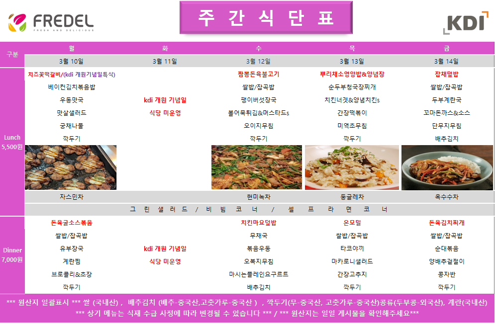 3월 10일 (월)  Lunch(5,500원) 치즈폭찹덮밥 / (kdi 개원기념일특식) 베이컨김치볶음밥 우동맛국 맛살샐러드 궁채나물 깍두기 자스민차  Dinner(7,000원) 돈육고추소스볶음 쌀밥 / 잡곡밥 유부장국 호박나물 브로콜리&초장 깍두기  3월 11일 (화)  Lunch(5,500원) kdi 개원 기념일 식당 미운영 현미녹차  Dinner(7,000원) kdi 개원 기념일 식당 미운영  3월 12일 (수)  Lunch(5,500원) 짬뽕돈육불고기 쌀밥 / 잡곡밥 팽이된장국 불어묵마늘조림 오이사과무침 깍두기 등급레츠  Dinner(7,000원) 치킨마요덮밥 무채국 볶음우동 단무지무침 배추김치 야채튀김  3월 13일 (목)  Lunch(5,500원) 뿌리채소영양밥&양념장 순두부청국장찌개 치킨너겟&양념치킨S 간장떡볶이 매운청포묵 깍두기  Dinner(7,000원) 오믈렛 쌀밥 / 잡곡밥 타코야끼 마카로니샐러드 발아현미밥 배추김치  3월 14일 (금)  Lunch(5,500원) 잡채덮밥 쌀밥 / 잡곡밥 두부계란국 꼬마돈까스&소스 단무지무침 배추김치 옥수수수차  Dinner(7,000원) 돈육김치찌개 쌀밥 / 잡곡밥 순대볶음 양배추겉절이 콩자반 배추김치  공통 셀프바 안내 그린샐러드 / 비빔코너 / 셀프라면코너 *** 원산지 일괄표시 *** 쌀(국내산), 배추김치(배추·중국산,고춧가루-중국산), 깍두기(무-중국산, 고춧가루-중국산)콩류(두부콩-외국산), 계란(국내산) *** 상기 메뉴는 식재 수급 사정에 따라 변경될 수 있습니다***/*** 원산지는 일일 게시물을 확인해주세요**