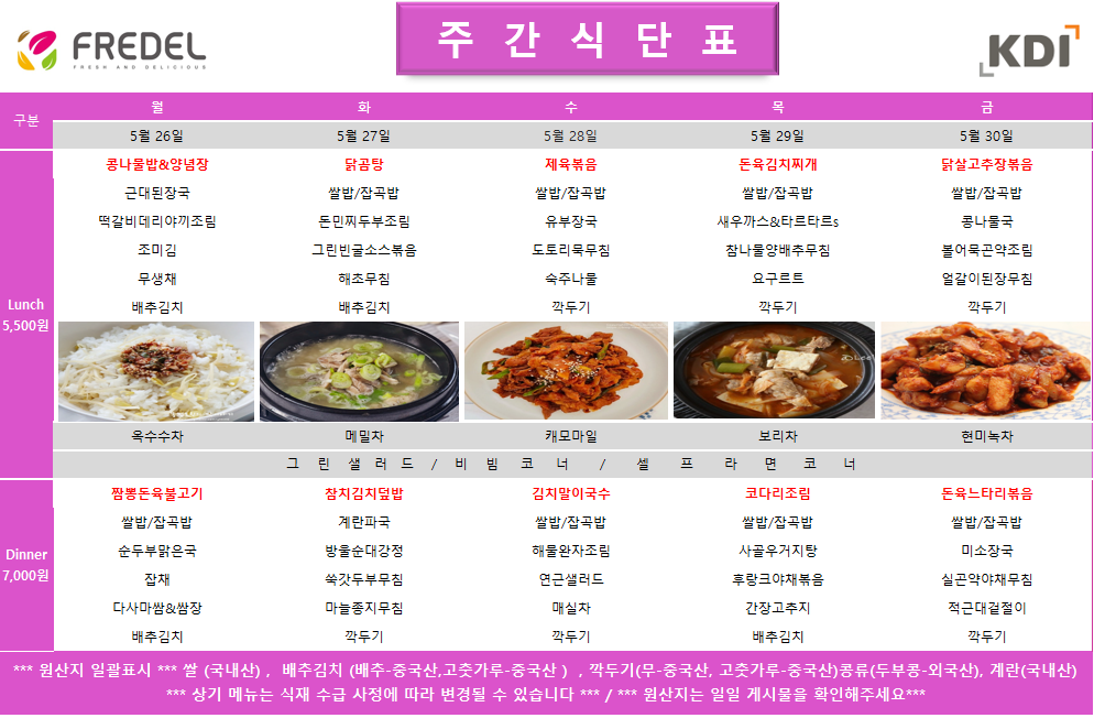 2025년 5월 26일 월요일 Lunch (5,500원), 콩나물밥&양념장, 근대된장국, 떡갈비데리야끼조림, 조미김, 무생채, 배추김치, 옥수수차 2025년 5월 26일 월요일 Dinner (7,000원), 짬뽕돈육볶음고기, 쌀밥/잡곡밥, 순두부백탕국, 쌈채소, 다시마무침&쌈장, 깍두기  2025년 5월 27일 화요일 Lunch (5,500원), 닭곰탕, 쌀밥/잡곡밥, 돈민찌두부조림, 그린빈소스볶음, 해초무침, 배추김치, 메밀차 2025년 5월 27일 화요일 Dinner (7,000원), 참치김치덮밥, 계란국, 방울순대강정, 마늘쫑무침&주먹김밥, 깍두기  2025년 5월 28일 수요일 Lunch (5,500원), 제육볶음, 쌀밥/잡곡밥, 유부장국, 도토리묵무침, 숙주나물, 깍두기, 캐모마일 2025년 5월 28일 수요일 Dinner (7,000원), 참치말이국수, 쌀밥/잡곡밥, 해물완자조림, 콘샐러드, 열무나물무침, 배추김치  2025년 5월 29일 목요일 Lunch (5,500원), 돈육김치찌개, 쌀밥/잡곡밥, 새우까스&타르타르s, 참나물양배추무침, 오크라튀김, 깍두기, 보리차 2025년 5월 29일 목요일 Dinner (7,000원), 코다리조림, 쌀밥/잡곡밥, 사골우거지탕, 애호박볶음, 오징어젓무침, 배추김치  2025년 5월 30일 금요일 Lunch (5,500원), 닭살고추장볶음, 쌀밥/잡곡밥, 콩나물국, 불어묵조림, 열갈이된장무침, 깍두기, 현미녹차 2025년 5월 30일 금요일 Dinner (7,000원), 돈육느타리볶음, 쌀밥/잡곡밥, 미소장국, 치커리무침, 감자전, 배추김치 *** 원산지 일괄표시 *** 쌀 (국내산), 배추김치 (배추-중국산, 고춧가루-중국산), 깍두기(무-중국산, 고춧가루-중국산) *** 콩류(두부용-외국산), 계란(국내산) *** 상기 메뉴는 식재 수급 사정에 따라 변경될 수 있습니다. / *** 원산지는 일일 게시물을 확인해주세요 ***