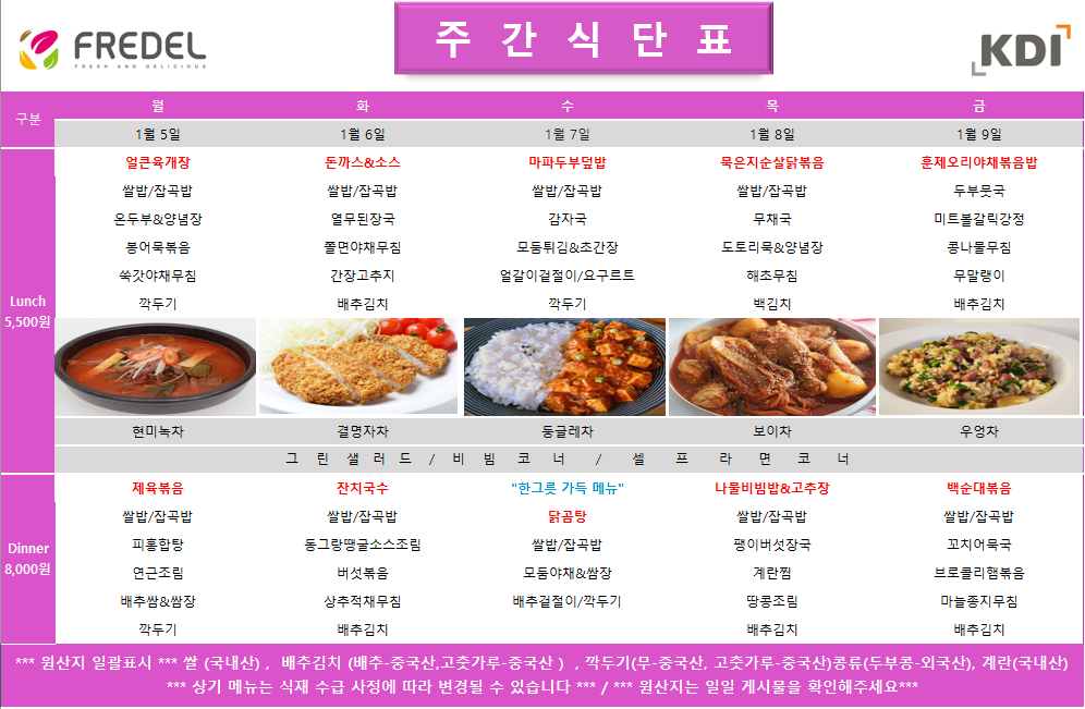 FREDEL 주 간 식 단 표 (KDI)  1월 5일 (월) Lunch (5,500원)  얼큰육개장  쌀밥/잡곡밥  온두부 & 양념장  봉어묵볶음  쑥갓야채무침  깍두기  차: 현미녹차  Dinner (8,000원)  제육볶음  쌀밥/잡곡밥  피홍합탕  연근조림  배추쌈 & 쌈장  깍두기  1월 6일 (화) Lunch (5,500원)  돈까스 & 소스  쌀밥/잡곡밥  열무된장국  쫄면야채무침  간장고추지  배추김치  차: 결명자차  Dinner (8,000원)  잔치국수  쌀밥/잡곡밥  동그랑땡굴소스조림  버섯볶음  상추적채무침  배추김치  1월 7일 (수) Lunch (5,500원)  마파두부덮밥  쌀밥/잡곡밥  감자국  모듬튀김 & 초간장  얼갈이겉절이 / 요구르트  깍두기  차: 둥글레차  Dinner (8,000원)  한그릇 가득 메뉴 닭곰탕  쌀밥/잡곡밥  모듬야채 & 쌈장  배추겉절이 / 깍두기  1월 8일 (목) Lunch (5,500원)  묵은지순살닭볶음  쌀밥/잡곡밥  무채국  도토리묵 & 양념장  해초무침  백김치  차: 보이차  Dinner (8,000원)  나물비빔밥 & 고추장  쌀밥/잡곡밥  팽이버섯장국  계란찜  땅콩조림  배추김치  1월 9일 (금) Lunch (5,500원)  훈제오리야채볶음밥  두부뭇국  미트볼갈릭강정  콩나물무침  무말랭이  배추김치  차: 우엉차  Dinner (8,000원)  백순대볶음  쌀밥/잡곡밥  꼬치어묵국  브로콜리햄볶음  마늘종지무침  배추김치  공통 셀프 코너: 그린 샐러드 / 비빔 코너 / 셀프 라면 코너  *** 원산지 일괄표시 ***  쌀(국내산), 배추김치 (배추-중국산, 고춧가루-중국산), 깍두기(무-중국산, 고춧가루-중국산), 콩류(두부콩-외국산), 계란(국내산)  *** 상기 메뉴는 식재 수급 사정에 따라 변경될 수 있습니다 *** / *** 원산지는 일일 게시물을 확인해주세요 ***
