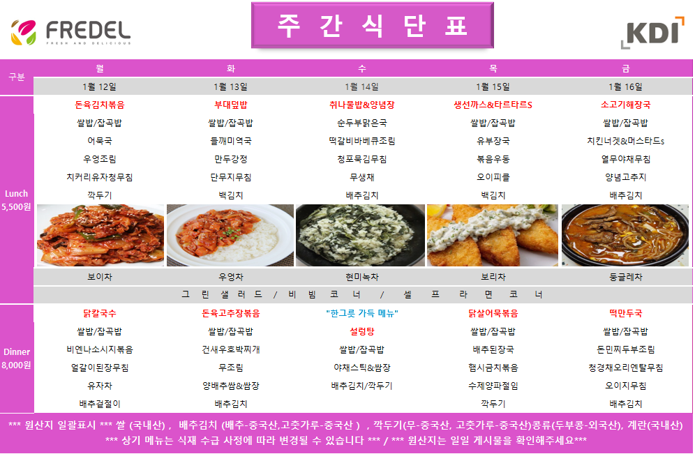 FREDEL 주 간 식 단 표 (KDI)  1월 12일 (월) Lunch (5,500원)  돈육김치볶음  쌀밥/잡곡밥  어묵국  우엉조림  치커리유자청무침  깍두기  차: 보이차  Dinner (8,000원)  닭칼국수  쌀밥/잡곡밥  비엔나소시지볶음  얼갈이된장무침  유자차  배추겉절이  1월 13일 (화) Lunch (5,500원)  부대덮밥  쌀밥/잡곡밥  들깨미역국  만두강정  단무지무침  백김치  차: 우엉차  Dinner (8,000원)  돈육고추장볶음  쌀밥/잡곡밥  건새우호박찌개  무조림  양배추쌈 & 쌈장  배추김치  1월 14일 (수) Lunch (5,500원)  취나물밥 & 양념장  순두부맑은국  떡갈비바베큐조림  청포묵김무침  무생채  배추김치  차: 현미녹차  Dinner (8,000원)  한그릇 가득 메뉴 설렁탕  쌀밥/잡곡밥  야채스틱 & 쌈장  배추김치/깍두기  1월 15일 (목) Lunch (5,500원)  생선까스 & 타르타르S  쌀밥/잡곡밥  유부장국  볶음우동  오이피클  백김치  차: 보리차  Dinner (8,000원)  닭살어묵볶음  쌀밥/잡곡밥  배추된장국  햄시금치볶음  수제양파절임  깍두기  1월 16일 (금) Lunch (5,500원)  소고기해장국  쌀밥/잡곡밥  치킨너겟 & 머스타드s  열무야채무침  양념고추지  배추김치  차: 둥글레차  Dinner (8,000원)  떡만두국  쌀밥/잡곡밥  돈민찌두부조림  청경채오리엔탈무침  오이지무침  배추김치  공통 셀프 코너: 그린 샐러드 / 비빔 코너 / 셀프 라면 코너  *** 원산지 일괄표시 ***  쌀(국내산), 배추김치 (배추-중국산, 고춧가루-중국산), 깍두기(무-중국산, 고춧가루-중국산), 콩류(두부콩-외국산), 계란(국내산)  *** 상기 메뉴는 식재 수급 사정에 따라 변경될 수 있습니다 *** / *** 원산지는 일일 게시물을 확인해주세요 ***