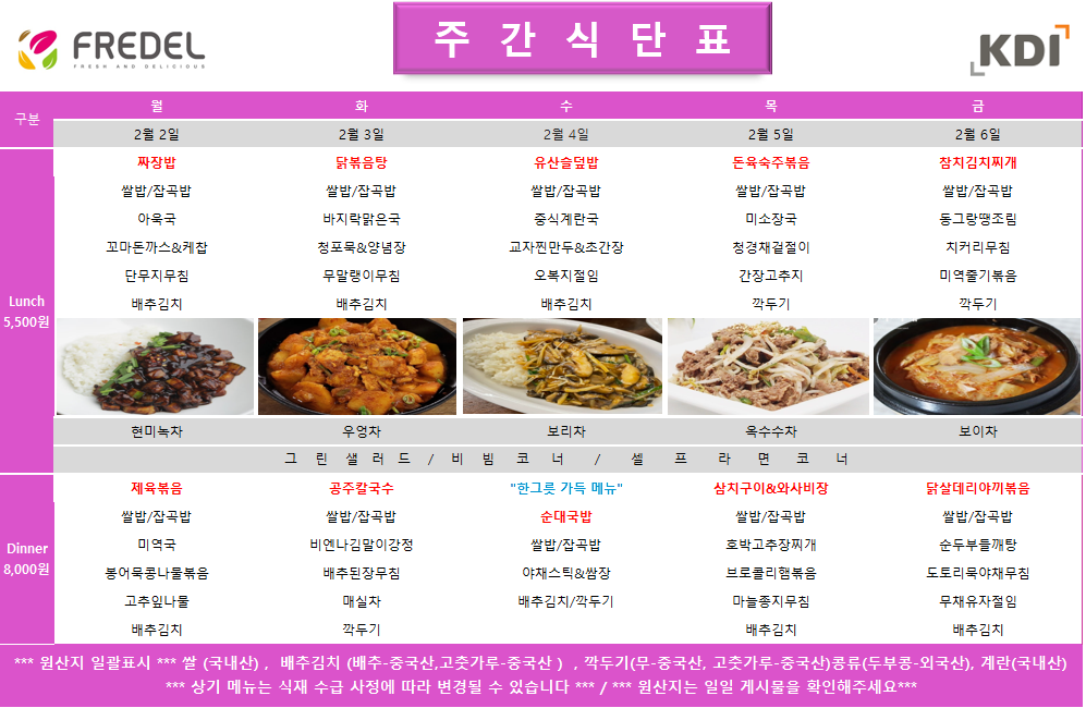 FREDEL 주 간 식 단 표 (KDI)  2월 2일 (월) Lunch (5,500원)  짜장밥  쌀밥/잡곡밥  아욱국  꼬마돈까스 & 케찹  단무지무침  배추김치  차: 현미녹차  Dinner (8,000원)  제육볶음  쌀밥/잡곡밥  미역국  봉어묵콩나물볶음  고춧잎나물  배추김치  2월 3일 (화) Lunch (5,500원)  닭볶음탕  쌀밥/잡곡밥  바지락맑은국  청포묵 & 양념장  무말랭이무침  배추김치  차: 우엉차  Dinner (8,000원)  공주칼국수  쌀밥/잡곡밥  비엔나김말이강정  배추된장무침  매실차  깍두기  2월 4일 (수) Lunch (5,500원)  유산슬덮밥  쌀밥/잡곡밥  중식계란국  교자찐만두 & 초간장  오복지절임  배추김치  차: 보리차  Dinner (8,000원)  한그릇 가득 메뉴 순대국밥  쌀밥/잡곡밥  야채스틱 & 쌈장  배추김치/깍두기  2월 5일 (목) Lunch (5,500원)  돈육숙주볶음  쌀밥/잡곡밥  미소장국  청경채겉절이  간장고추지  깍두기  차: 옥수수차  Dinner (8,000원)  삼치구이 & 와사비장  쌀밥/잡곡밥  호박고추장찌개  브로콜리햄볶음  마늘종지무침  배추김치  2월 6일 (금) Lunch (5,500원)  참치김치찌개  쌀밥/잡곡밥  동그랑땡조림  치커리무침  미역줄기볶음  깍두기  차: 보이차  Dinner (8,000원)  닭살데리야끼볶음  쌀밥/잡곡밥  순두부들깨탕  도토리묵야채무침  무채유자절임  배추김치  공통 셀프 코너: 그린 샐러드 / 비빔 코너 / 셀프 라면 코너  *** 원산지 일괄표시 ***  쌀(국내산), 배추김치 (배추-중국산, 고춧가루-중국산), 깍두기(무-중국산, 고춧가루-중국산), 콩류(두부콩-외국산), 계란(국내산)  *** 상기 메뉴는 식재 수급 사정에 따라 변경될 수 있습니다 *** / *** 원산지는 일일 게시물을 확인해주세요 ***
