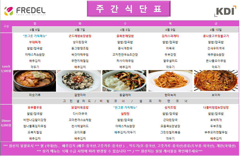 FREDEL 주 간 식 단 표 (KDI)  4월 6일 (월) Lunch (5,500원)  한그릇 가득메뉴 부대찌개  쌀밥/잡곡밥  야채스틱 & 쌈장  배추김치  깍두기  차: 미숫가루  Dinner (8,000원)  유부쫄우동  쌀밥/잡곡밥  비엔나김말이강정  참나물흑임자무침  오복지절임  배추김치  4월 7일 (화) Lunch (5,500원)  곤드레밥 & 양념장  냉이된장국  동그랑땡조림  쑥갓야채무침  무짠지채절임  배추김치  차: 결명자차  Dinner (8,000원)  닭갈비볶음밥  다시마무국  꼬마돈까스 & 케찹  천사채샐러드  오이피클  배추김치  4월 8일 (수) Lunch (5,500원)  중화돈채덮밥  쌀밥/잡곡밥  중식계란국  교자찐만두 & 초간장  짜사이채무침  배추김치  차: 둥글레차  Dinner (8,000원)  한그릇 가득메뉴 설렁탕  쌀밥/잡곡밥  야채스틱 & 쌈장  배추김치/깍두기  4월 9일 (목) Lunch (5,500원)  김치스파게티  쌀밥/잡곡밥  어묵국  두부강정  열무샐러드  깍두기  차: 현미녹차  Dinner (8,000원)  삼치조림  쌀밥/잡곡밥  근대된장국  모듬묵 & 양념장  그린빈칠리볶음  깍두기  4월 10일 (금) Lunch (5,500원)  콩나물고추장불고기  쌀밥/잡곡밥  건새우미역국  배추쌈 & 쌈장  돈나물오이무침  깍두기  차: 보이차  Dinner (8,000원)  나물비빔밥 & 양념장  쌀밥/잡곡밥  호박찌개  두부조림  부추오리엔탈무침  배추김치  공통 셀프 코너: 그린 샐러드 / 비빔 코너 / 셀프 라면 코너  *** 원산지 일괄표시 ***  쌀(국내산), 배추김치 (배추-중국산, 고춧가루-중국산), 깍두기(무-중국산, 고춧가루-중국산), 콩류(두부콩-외국산), 계란(국내산)  *** 상기 메뉴는 식재 수급 사정에 따라 변경될 수 있습니다 *** / *** 원산지는 일일 게시물을 확인해주세요 ***