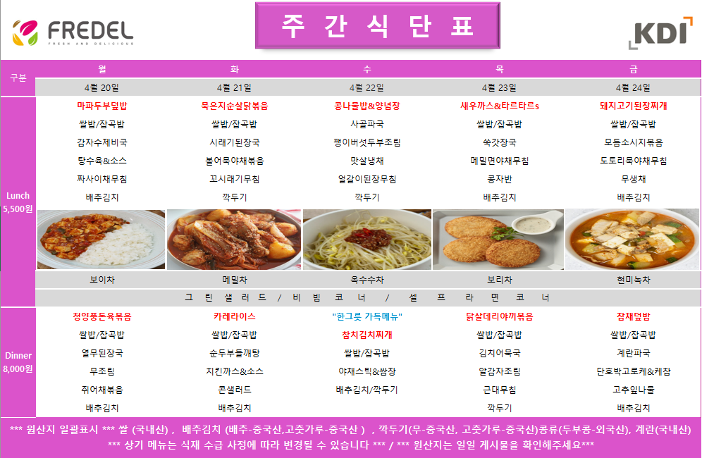 FREDEL 주 간 식 단 표 (KDI)  4월 20일 (월) Lunch (5,500원)  마파두부덮밥  쌀밥/잡곡밥  감자수제비국  탕수육 & 소스  짜사이채무침  배추김치  차: 보이차  Dinner (8,000원)  청양풍돈육볶음  쌀밥/잡곡밥  열무된장국  무조림  쥐어채볶음  배추김치  4월 21일 (화) Lunch (5,500원)  묵은지순살닭볶음  쌀밥/잡곡밥  시래기된장국  볼어묵야채볶음  꼬시래기무침  깍두기  차: 메밀차  Dinner (8,000원)  카레라이스  쌀밥/잡곡밥  순두부들깨탕  치킨까스 & 소스  콘샐러드  배추김치  4월 22일 (수) Lunch (5,500원)  콩나물밥 & 양념장  사골파국  팽이버섯두부조림  맛살냉채  얼갈이된장무침  깍두기  차: 옥수수차  Dinner (8,000원)  한그릇 가득메뉴 참치김치찌개  쌀밥/잡곡밥  야채스틱 & 쌈장  배추김치/깍두기  4월 23일 (목) Lunch (5,500원)  새우까스 & 타르타르s  쌀밥/잡곡밥  쑥갓장국  메밀면야채무침  콩자반  배추김치  차: 보리차  Dinner (8,000원)  닭살데리야끼볶음  쌀밥/잡곡밥  김치어묵국  알감자조림  근대무침  깍두기  4월 24일 (금) Lunch (5,500원)  돼지고기된장찌개  쌀밥/잡곡밥  모듬소시지볶음  도토리묵야채무침  무생채  배추김치  차: 현미녹차  Dinner (8,000원)  잡채덮밥  쌀밥/잡곡밥  계란파국  단호박고로케 & 케찹  고춧잎나물  배추김치  공통 셀프 코너: 그린 샐러드 / 비빔 코너 / 셀프 라면 코너  *** 원산지 일괄표시 ***  쌀(국내산), 배추김치 (배추-중국산, 고춧가루-중국산), 깍두기(무-중국산, 고춧가루-중국산), 콩류(두부콩-외국산), 계란(국내산)  *** 상기 메뉴는 식재 수급 사정에 따라 변경될 수 있습니다 *** / *** 원산지는 일일 게시물을 확인해주세요 ***