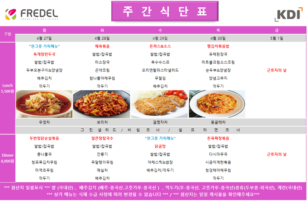 FREDEL 주 간 식 단 표 (KDI)  4월 27일 (월) Lunch (5,500원)  한그릇 가득메뉴 육개장만두국  쌀밥/잡곡밥  두부오븐구이 & 양념장  배추김치  깍두기  차: 우엉차  Dinner (8,000원)  두반장닭순살볶음  쌀밥/잡곡밥  콩나물국  청포묵김치무침  미역초무침  깍두기  4월 28일 (화) Lunch (5,500원)  제육볶음  쌀밥/잡곡밥  미소장국  곤약조림  참나물야채무침  깍두기  차: 보리차  Dinner (8,000원)  얼큰장칼국수  쌀밥/잡곡밥  깐풍기  무말랭이무침  매실차  배추김치  4월 29일 (수) Lunch (5,500원)  돈까스 & 소스  쌀밥/잡곡밥  옥수우스프  오리엔탈파스타샐러드  무절임  배추김치  차: 결명자차  Dinner (8,000원)  한그릇 가득메뉴 닭곰탕  쌀밥/잡곡밥  야채스틱 & 쌈장  배추김치/깍두기  4월 30일 (목) Lunch (5,500원)  햄김치볶음밥  유채된장국  미트볼크림소스조림  순두부 & 양념장  양념고추지  깍두기  차: 둥글레차  Dinner (8,000원)  돈육짜장볶음  쌀밥/잡곡밥  다시마무국  시금치계란볶음  청경채야채무침  깍두기  5월 1일 (금) 근로자의 날 휴무  공통 셀프 코너: 그린 샐러드 / 비빔 코너 / 셀프 라면 코너  *** 원산지 일괄표시 ***  쌀(국내산), 배추김치 (배추-중국산, 고춧가루-중국산), 깍두기(무-중국산, 고춧가루-중국산), 콩류(두부콩-외국산), 계란(국내산)  *** 상기 메뉴는 식재 수급 사정에 따라 변경될 수 있습니다 *** / *** 원산지는 일일 게시물을 확인해주세요 ***