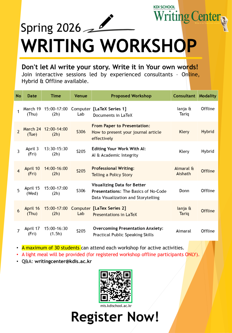 [Writing Center] Announcing the 2026 Spring Writing Workshop Series! 이미지