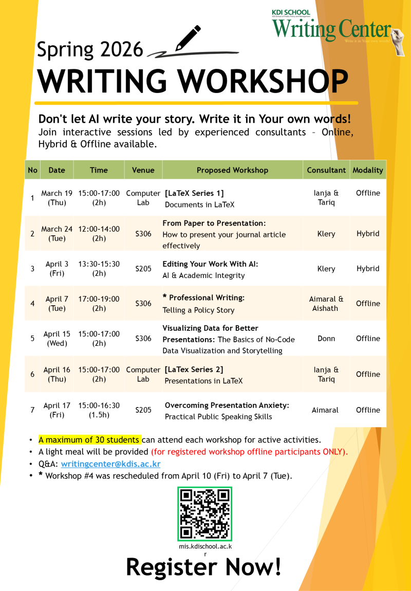 [Writing Center] Announcing the 2026 Spring Writing Workshop Series! 이미지